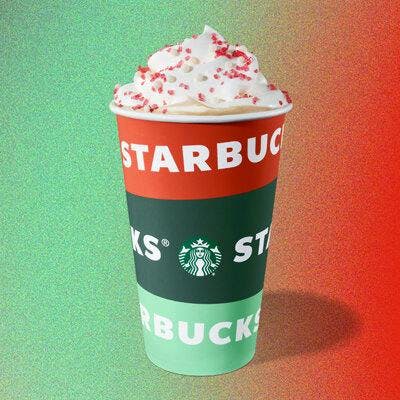 Image: StarbucksWhite Peppermint Mocha: Espresso, steamed milk, sweet white chocolate sauce and fresh peppermint syrup, topped with whipped cream and candycane bits