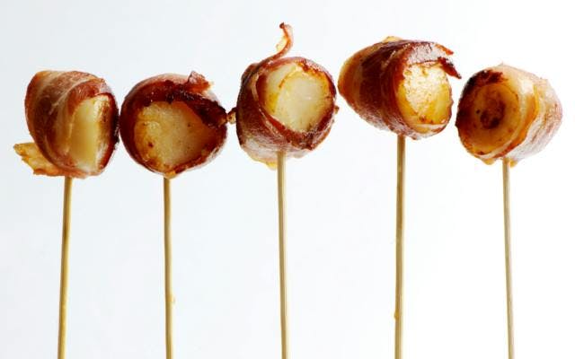 mini scallops on sticks wrapped in bacon