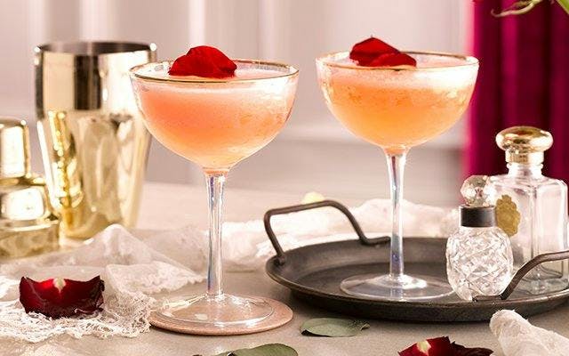 Two light pink cocktails in coupe glasses with rose petal garnish