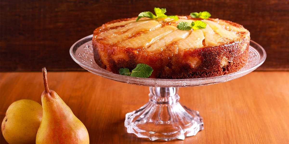 The Spiced Pear Upside-Down Cake is made with gin and ginger! 
