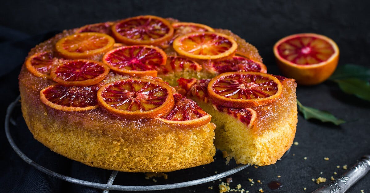 This stunning spiced orange upside-down cake is topped with gin-drenched blood oranges!