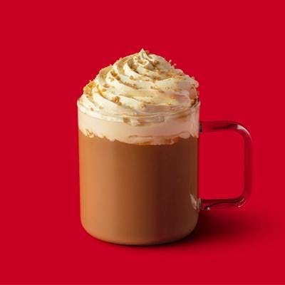 Image: StarbucksToffee Nut Latte: Espresso, steamed milk and a sweet caramel, nutty syrup, topped with whipped cream and toffee nut crumbs
