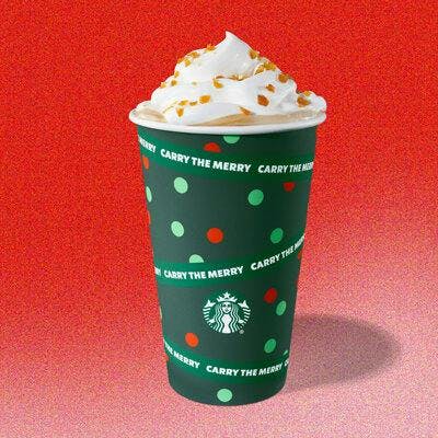 Image: StarbucksCaramel Brulée latte: Espresso, steamed milk and thick caramel brulée sauce topped with whipped cream and caramel pieces
