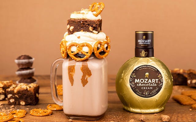 A recipe for a chocolate and pretzel freakshake with Mozart Chocolate Cream Liqueur and gin 