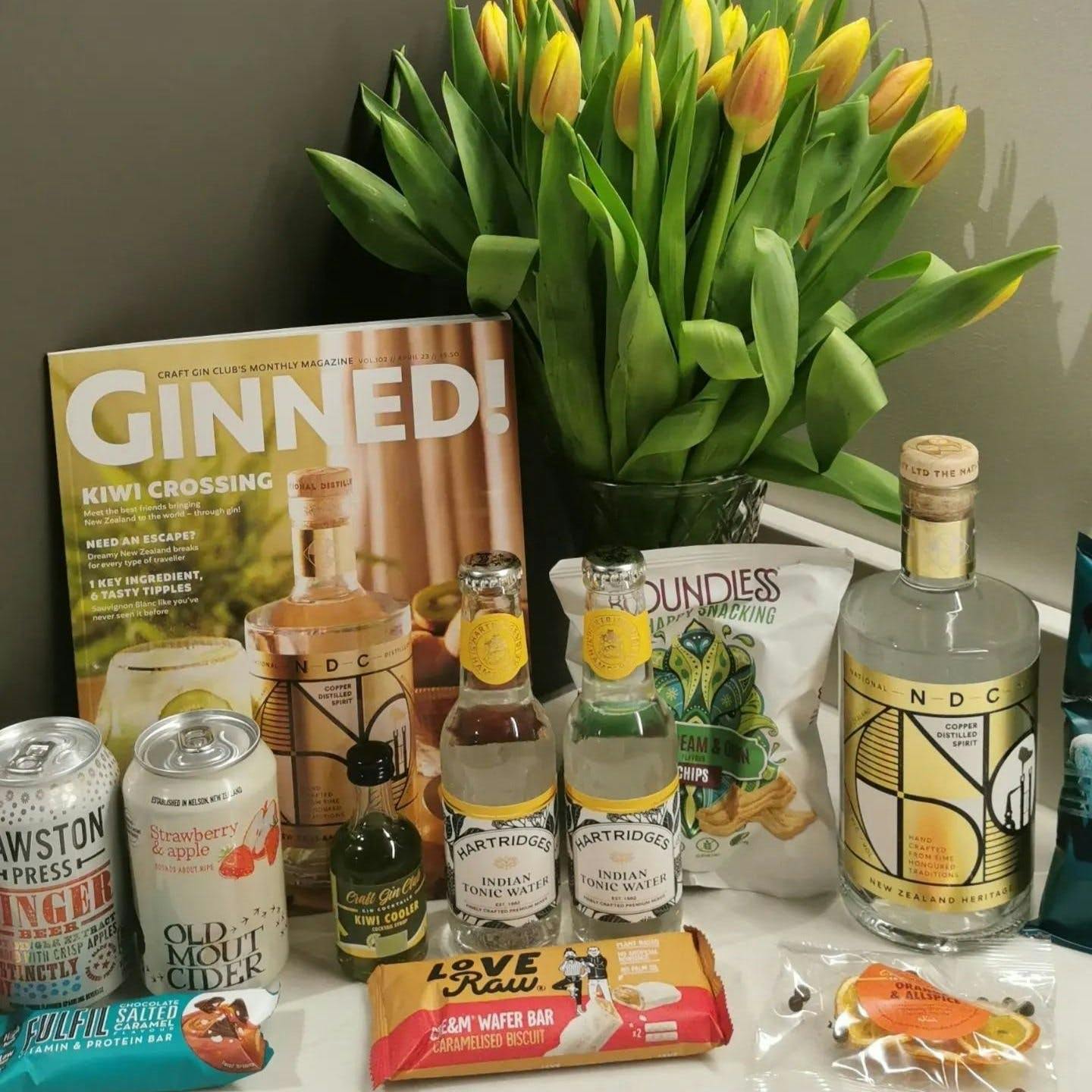 NDC Heritage Gin box contents with tulips in background