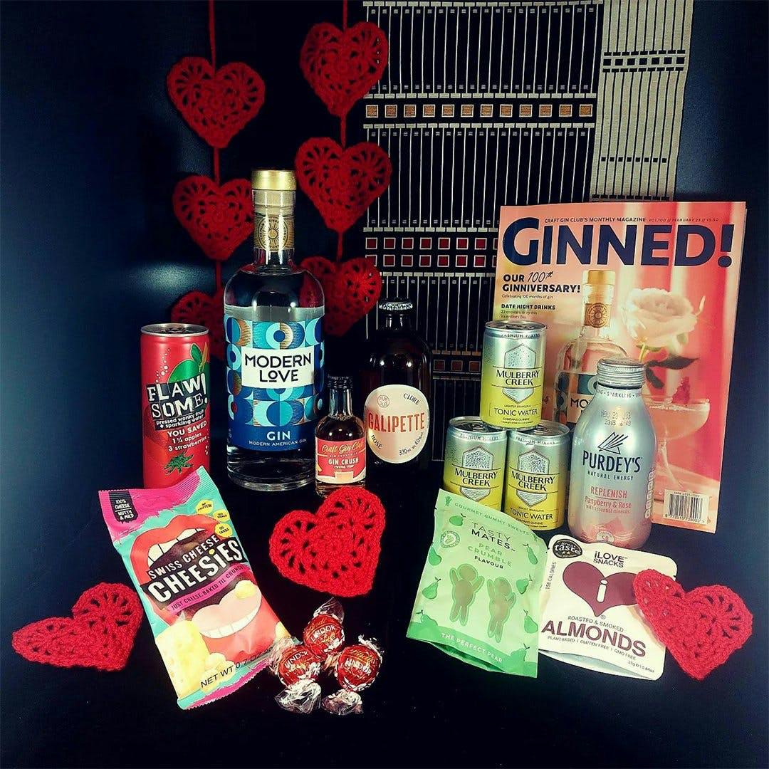 Modern Love Gin box contents with valentines decorations