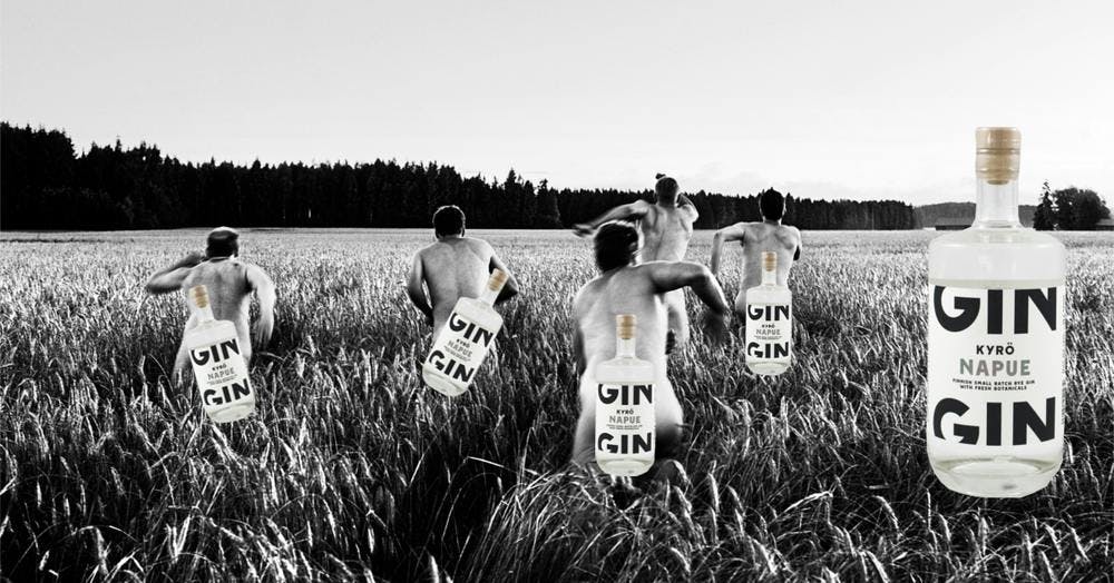Men running through a field naked with napue gin in finland