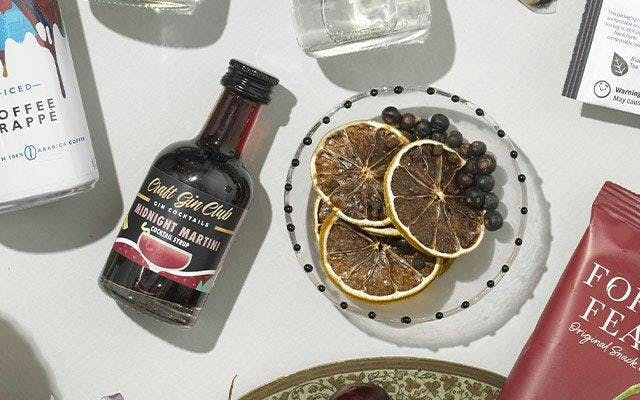 Craft Gin Club's Midnight Martini Cocktail Syrup and October 2022 Perfect G&T garnishes