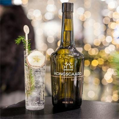 Kongsgaard Gin and gin and tonic with slice of apple and rosemary sprig to garnish with bokeh effect lighting in background