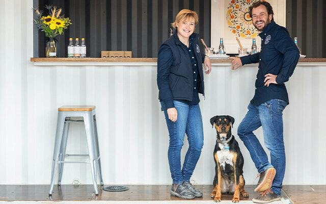 Nicole and Jon Durdin, Co-founders of Seppeltsfield Rd Distillers and their distillery dog