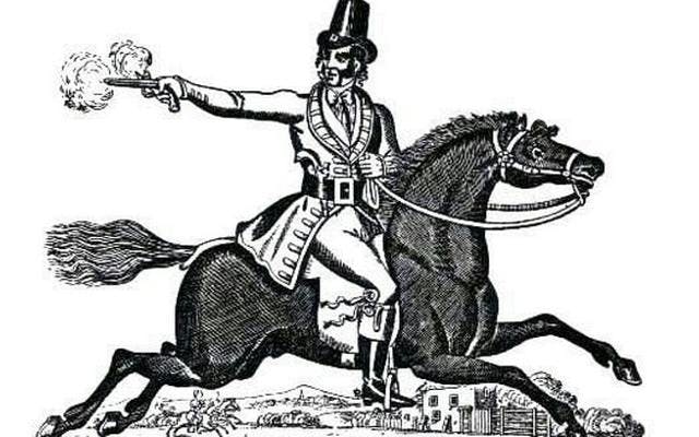 Victorian man riding on horse firing a gun cartoon