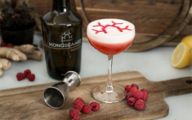 Kongsgaard Dannebrog Gin Pink Cocktail with raspberries in a martini glass