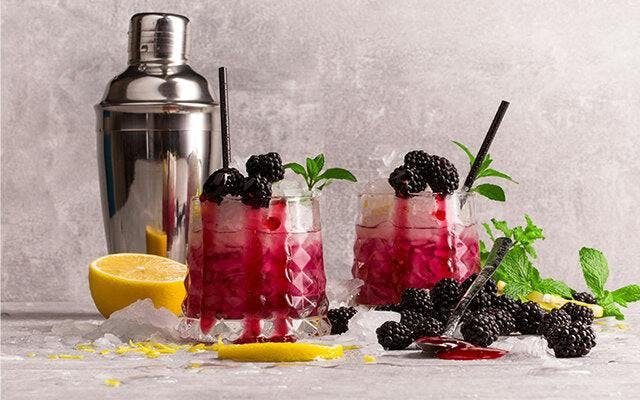 Bramble cocktails with blackberry garnish