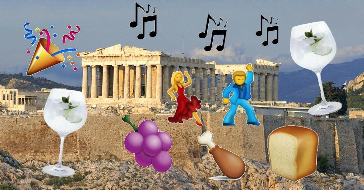 ancient greece athens acropolis party emojis dancing music food gin and tonic drinking