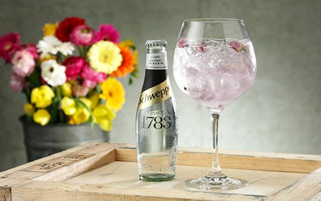 Schweppes light tonic, spring flowers, Pink gin and tonic with botanicals