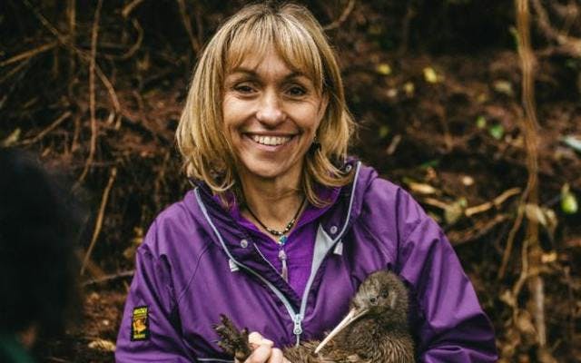 Conservation expert Michaela Strachan with Kiwi