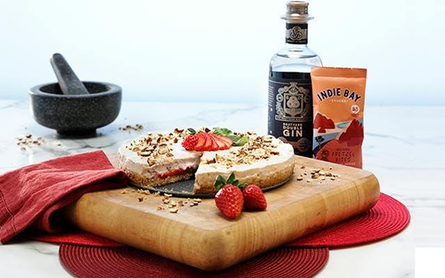 VEGAN strawberry cheesecake with indie bay pretzel bites and boatyard gin