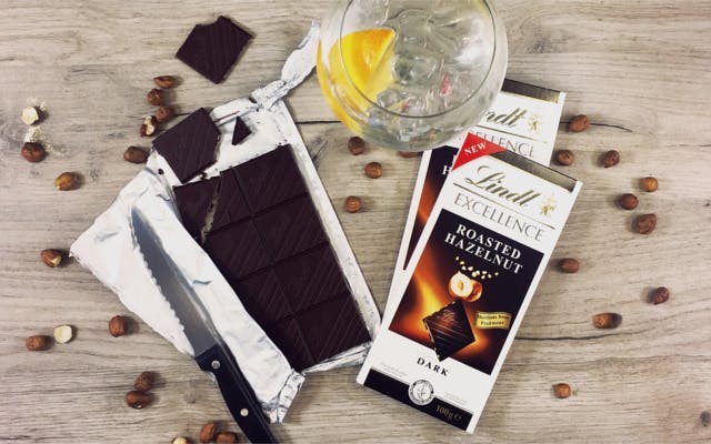Roasted hazelnut chocolate from lindt and a gin and tonic