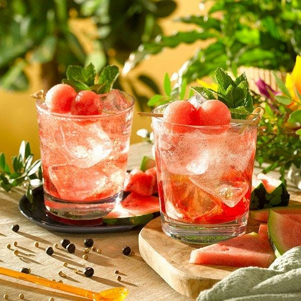 Gin cocktail with watermelon garnish