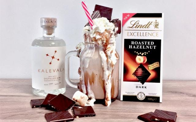 Kalevala gin chocolate crazy freakshake with cream and lindt roasted hazelnut chocolate