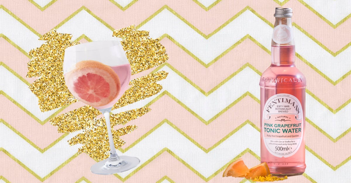Fentimans pink grapefruit tonic water striped pink zig zag background gold glitter heart with gin and tonic