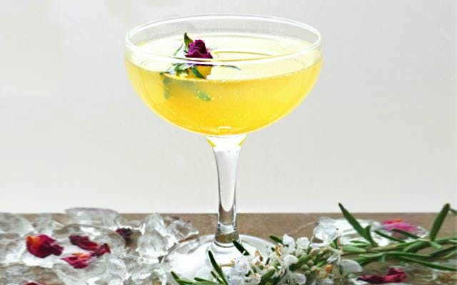 Bees knees gin cocktails with flowers and ice