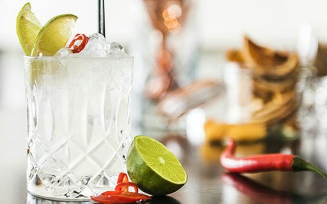 gin and tonic garnished with chilli and lime