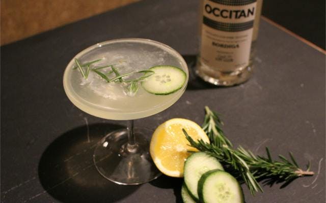 Occitan Gin and Tonic in champagne saucer glass with lemon cucumber and rosemary garnish