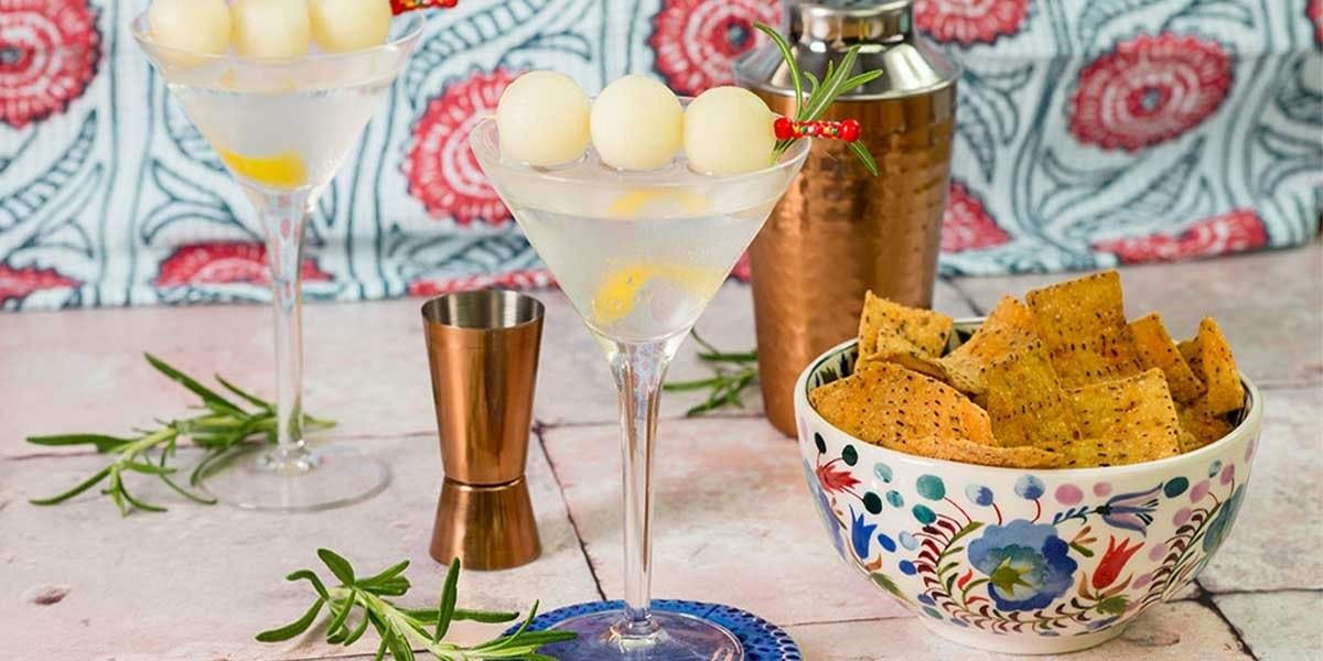 We've paired two creative gin martini recipes with some seriously drool-worthy chip-and-dip combos - this is how to do nights in right! 