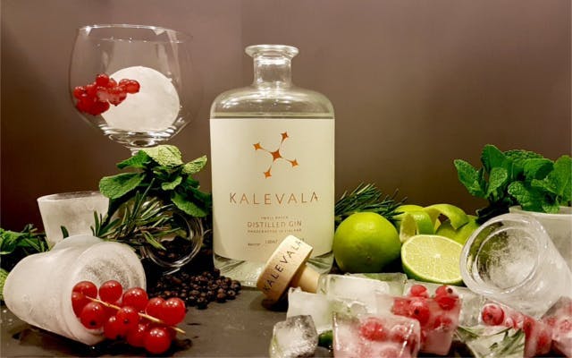 Kalevala gin with berries and garnishes and ice