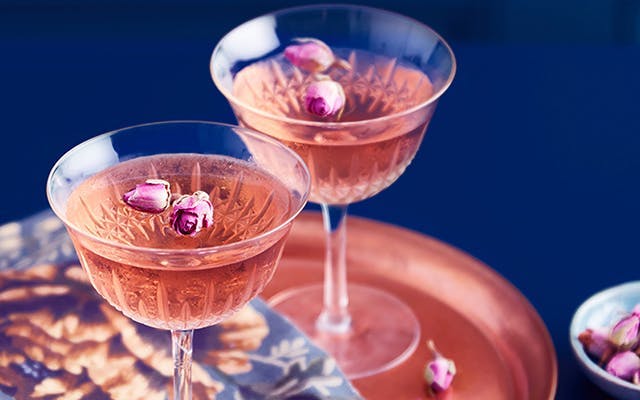 Two pink rose and raspberry gimlet cocktails