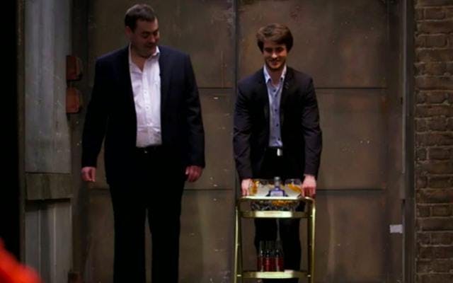 Jon and John nervously arrive at their pitch with their gin trolley in hand.